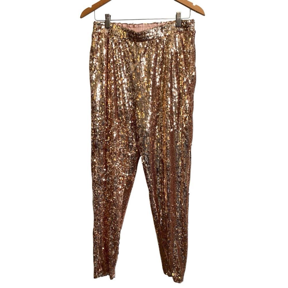 Francesca's Sequin Tape Rose Gold Skinny Pants/Joggers Medium NWT Shimmer Festie